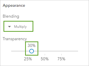 Blending set to Multiply and Transparency set to 30% under Appearance in the Properties pane.