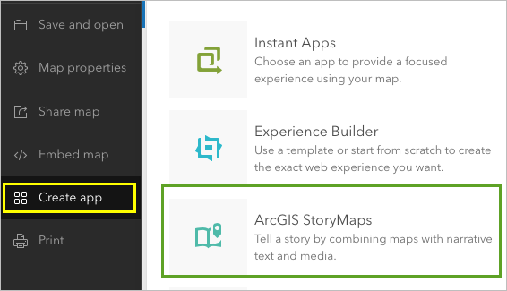 StoryMaps in the Create app menu