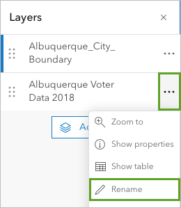 Rename in the Options menu for the Albuquerque Voter Data 2018 YN layer