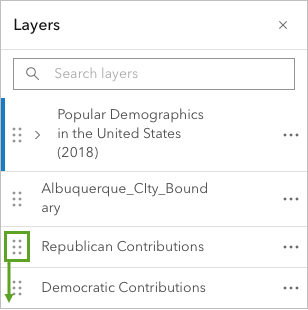 Drag Republican Contributions layer down below Democratic Contributions layer