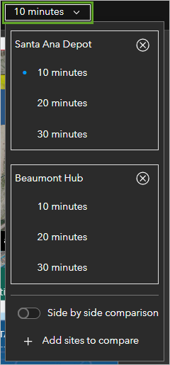 Drop-down menu with drive time buffer distances for both sites