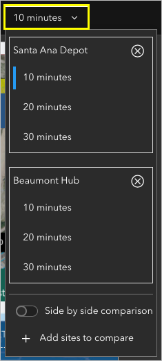 Drop-down menu with drive time buffer distances for both sites