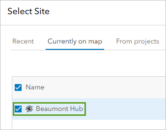 Beaumont Hub site in the Select Site window