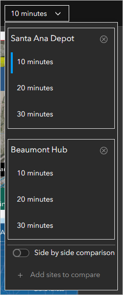Drop-down menu with drive time buffer distances for both sites