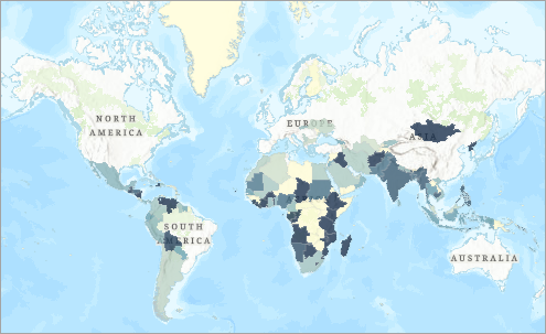Map showing undernourishment by country in graduated color symbology