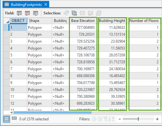 BuildingFootprints attribute table with emphasis on fields for Base Elevation, Building Height, and Number of Floors