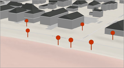 Zoomed in view of pushpins representing street furniture