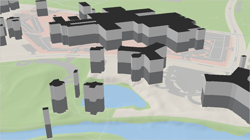 3D buildings shown as stacked polygon blocks