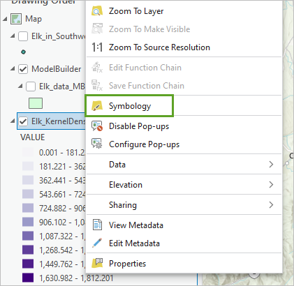 Open the Symbology pane for the Kernel Density result.