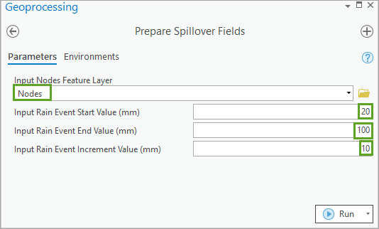 Prepare Spillover Fields tool