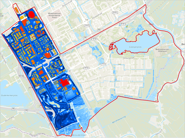 Flooded buildings overlayed on the project area map.