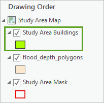 Study Area Buildings layer moved to the top of the drawing order.