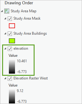 New elevation raster in the Contents pane