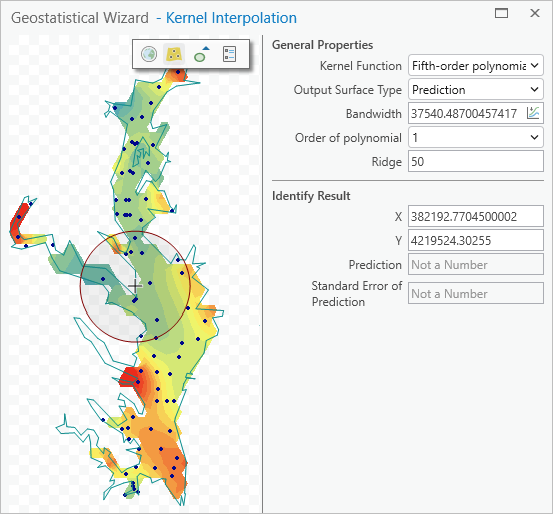 Kernel Interpolation page includes a map, General Properties and Identy Results for a single point