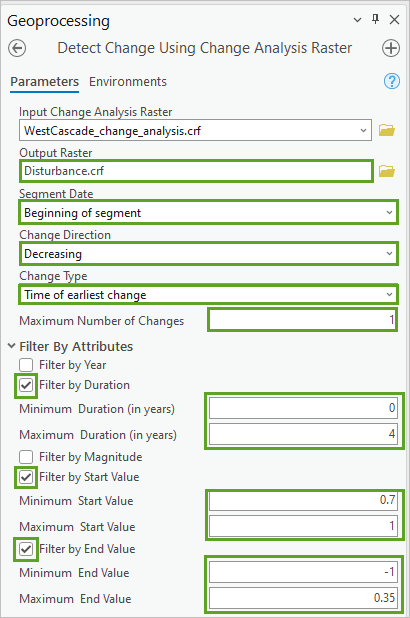 Detect Change Using Change Analysis Raster parameters