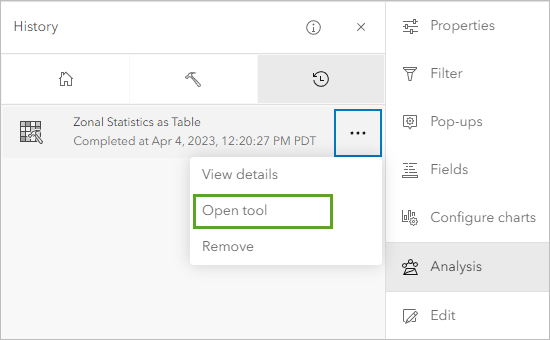 Open tool in the options menu for the Zonal Statistics as Table tool on the History tab in the Analysis pane