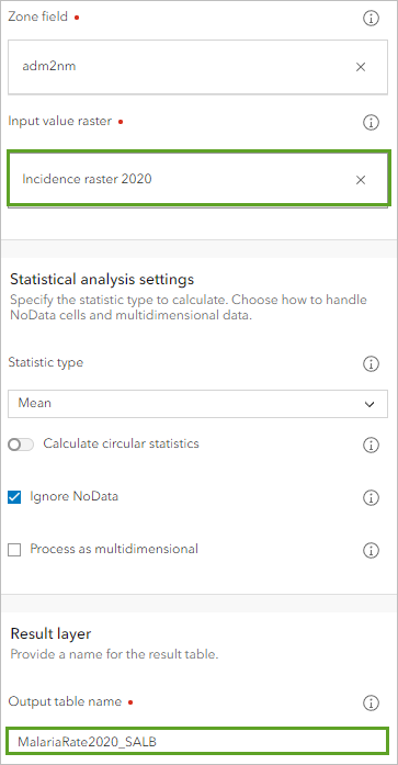 Parameters for Incidence raster 2020 in the Zonal Statistics as Table tool