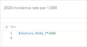 Arcade code to calculate the rate of the 2020 incidence rate and the expression title updated.