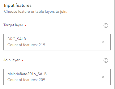 Parameters entered in the Input features section of the Join Features tool pane.