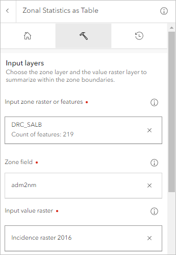 Parameters entered in the Input layers section in the Zonal Statistics as Table tool pane.