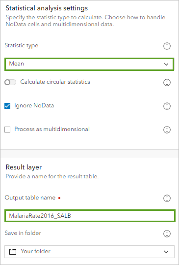 The Statistic type and Output table name entered in the Zonal Statistics as Table tool pane.