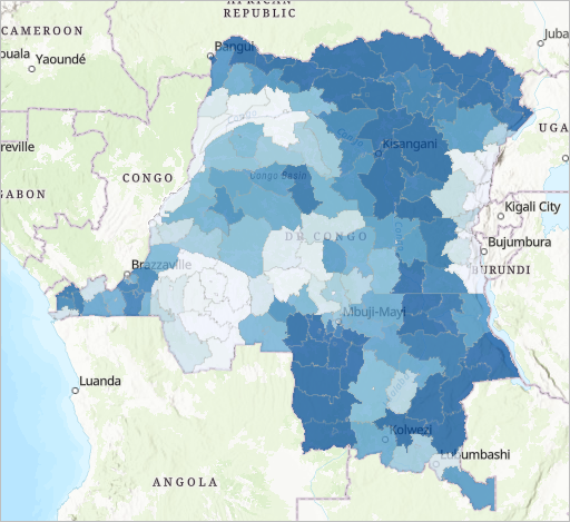 Map showing the 2016 incidence rate of malaria per 1,000 people in the DRC.