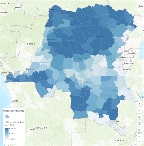 Map showing the 2020 malaria incidence rate per 1,000 people in the DRC.