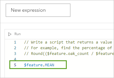 Code for the MEAN variable is added as Arcade code in the New Expression window.