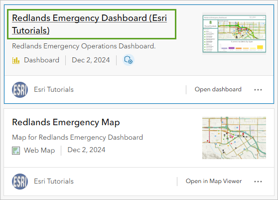 Redlands Emergency Dashboard search result