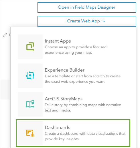 Dashboards on the Create Web App menu