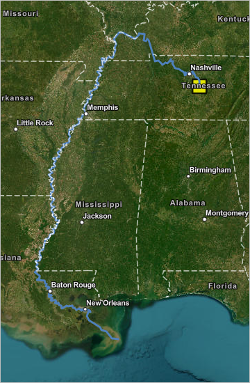 Full downstream trace from Murfreesboro to the Gulf of Mexico