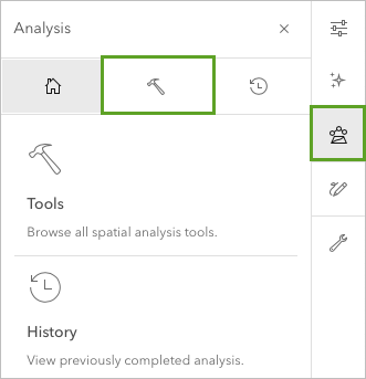 The Analysis button opens the analysis pane with three tabs: Home, Tools and History