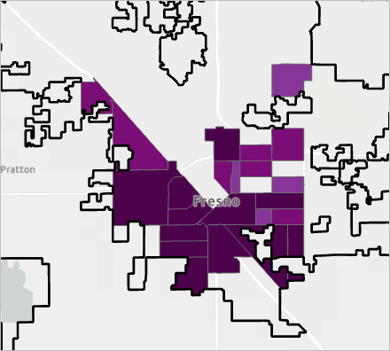 Defined queries display on the map, which is now your focus or target area for the project proposal.