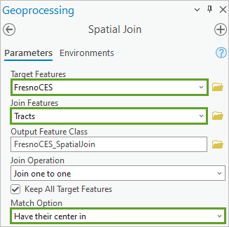 Parameters entered in the Spatial Join tool pane