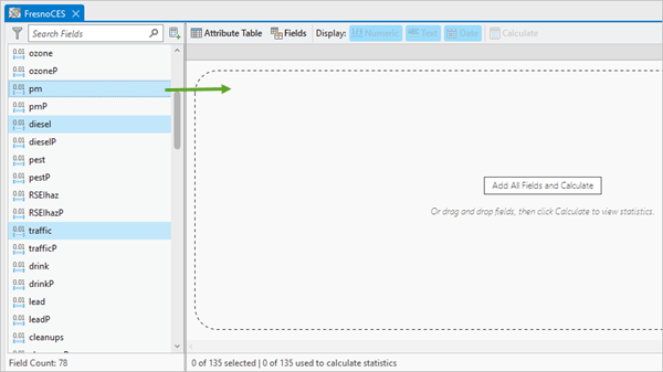 Fields in the fields panel to drag into the statistics panel in the Data Engineering view for FresnoCES