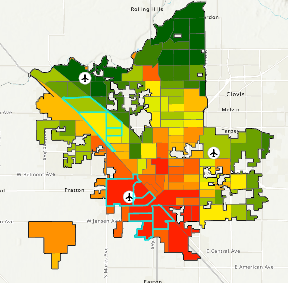 Map of tracts with highest percentages of African American population