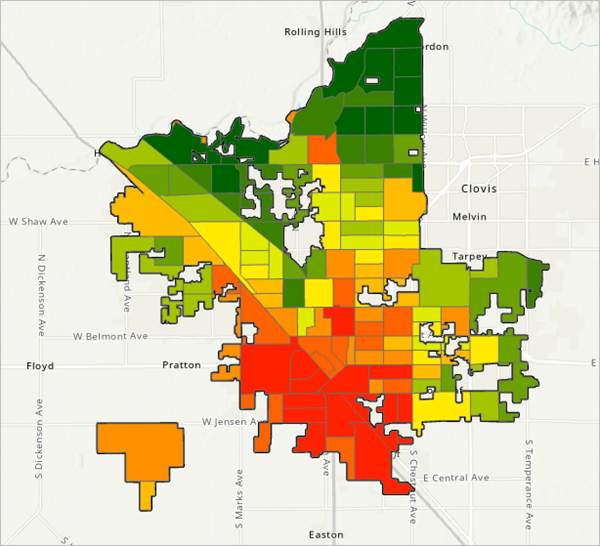 CalEnviroScreen layer clipped to the city of Fresno boundaries