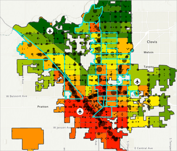 Tracts with highest quartile of traffic values and the Traffic Counts layer added to the map