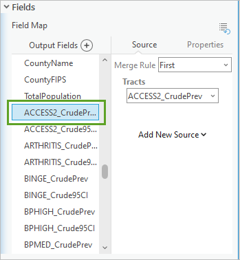 ACCESS2_CrudePrevalence field in the Output Fields column in the Fields section