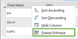 Freeze/Unfreeze for the Field Name column in the Data Engineering view