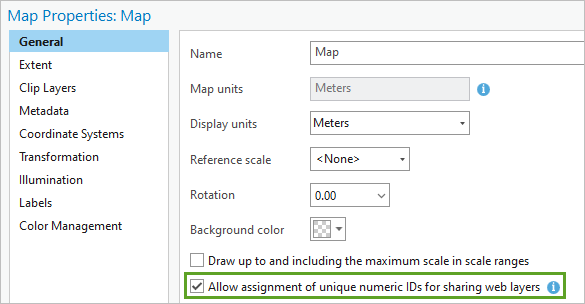 Allow assignment of unique numeric IDs for sharing web layers checked on the General tab in the Map Properties window