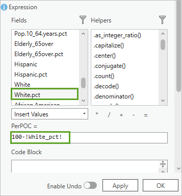 Expression to determine the percent of population that is not Non-Hispanic White