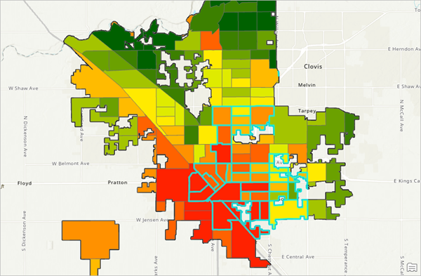 Tracts with the top quartile values of pm selected on the map