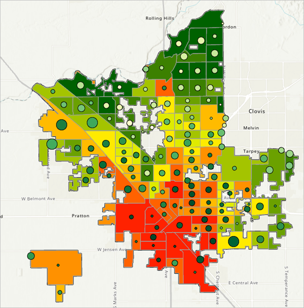 Map showing Percent People of Color by color and population count by size