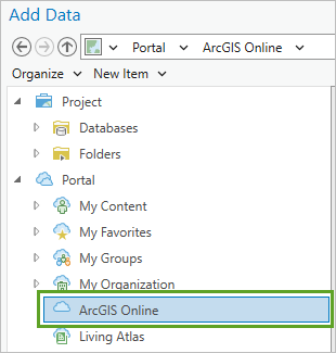 ArcGIS Online under Portal in the Add Data window