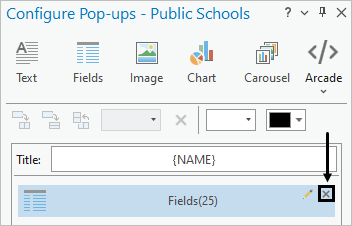 Remove pop-up element button for the Fields element in the Configure Pop-ups pane
