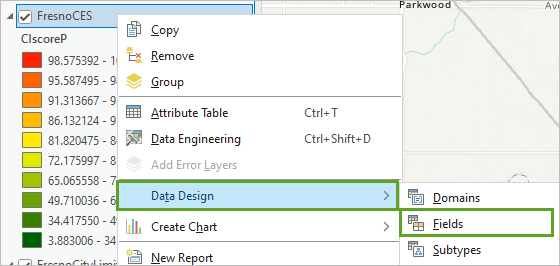 Fields in the Data Design menu for the FresnoCES layer
