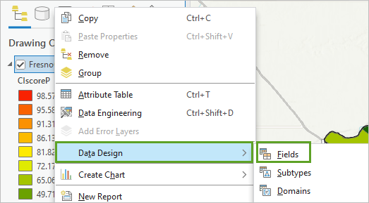 Fields in the Data Design menu for the FresnoCES layer