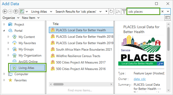 Search cdc places in the Add Data window.