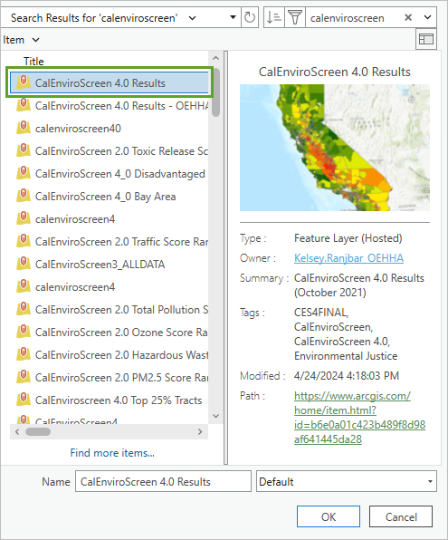 CalEnviroScreen 4.0 Results layer in the Add Data window